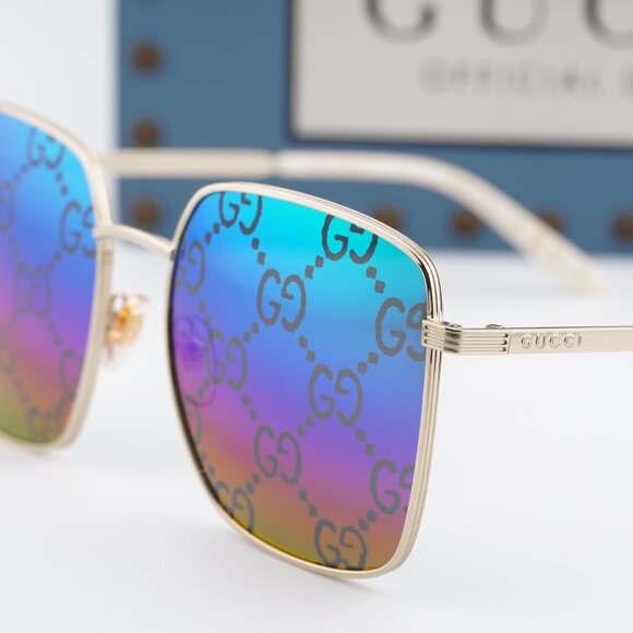Gucci GG0802S 004 Square Sunglasses - Gold\\Multicolor with GG Pattern Mirror main image 8